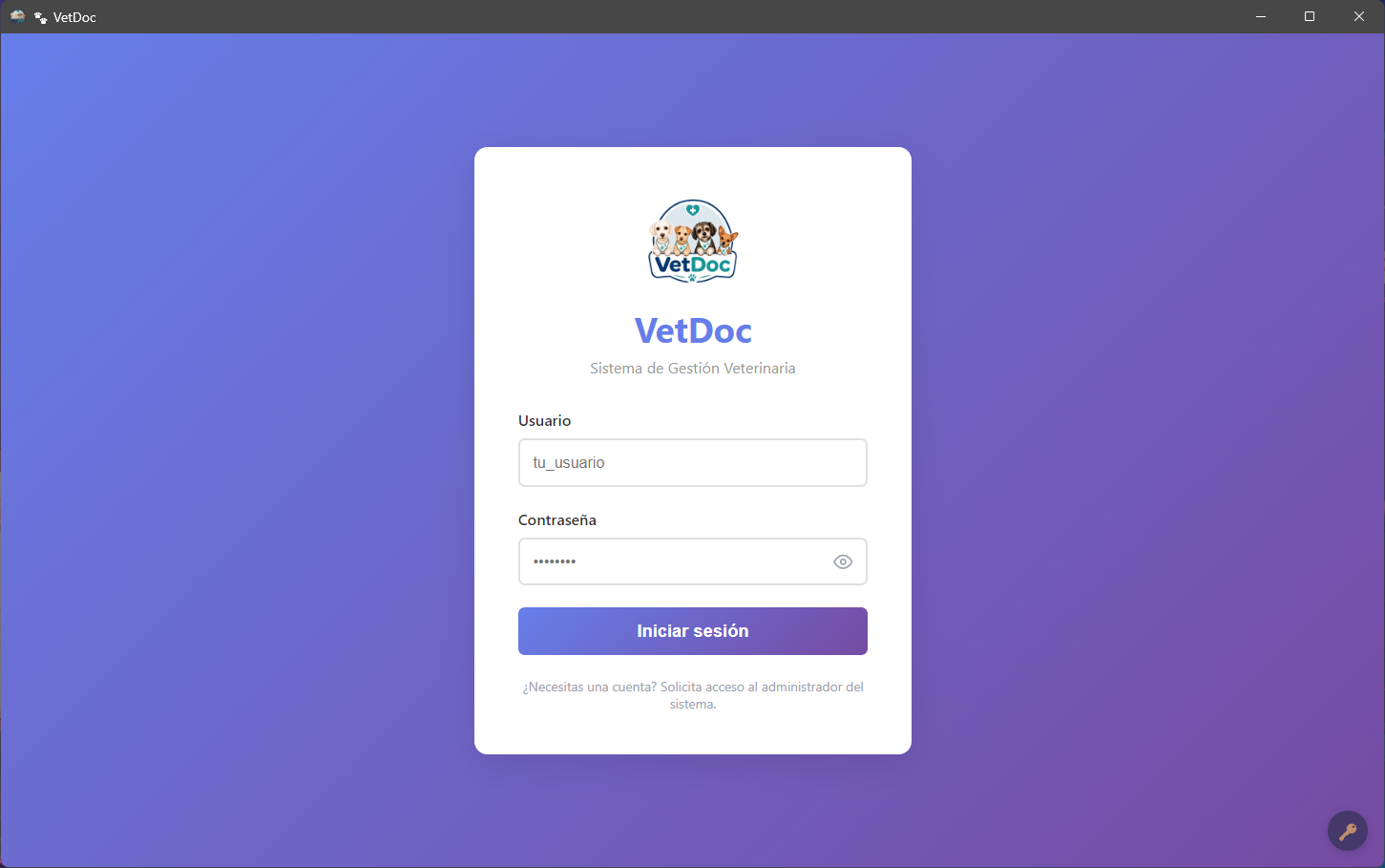 Pantalla de inicio de sesión de VetDoc para Windows