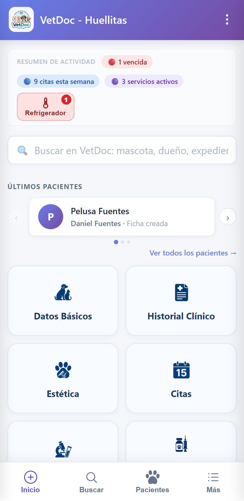 VetDoc Móvil abierto en un celular