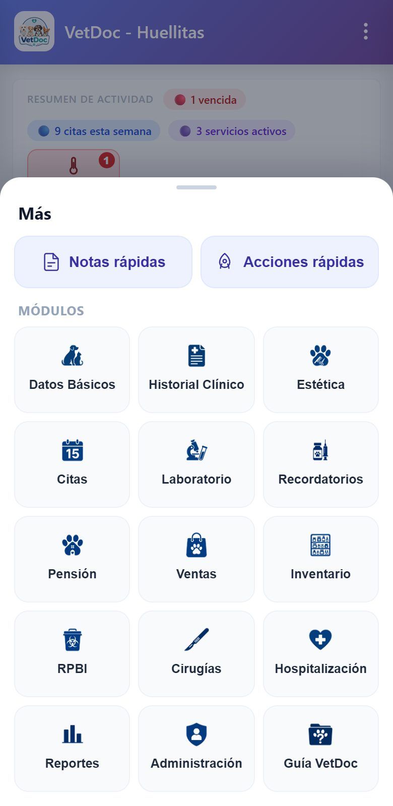 Los módulos de VetDoc en el celular