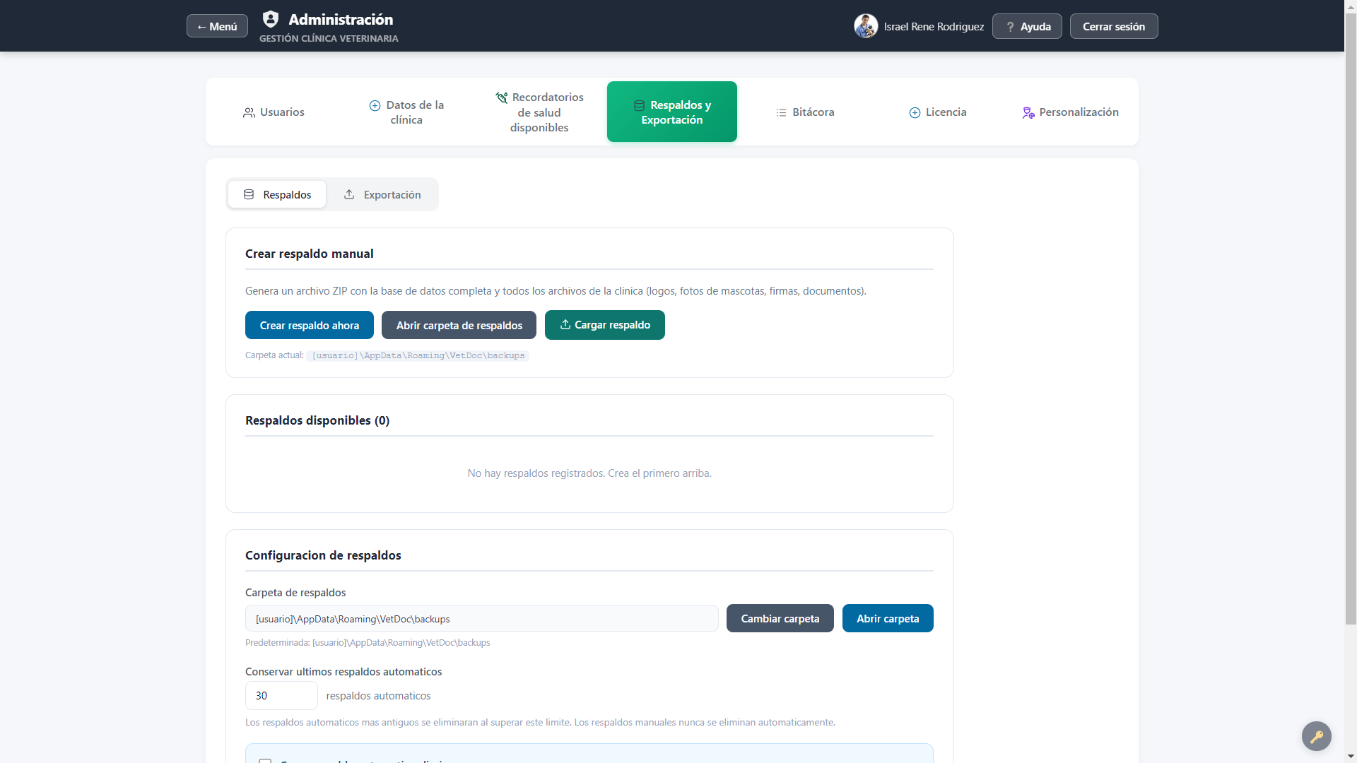 Módulo de respaldos y exportación de VetDoc