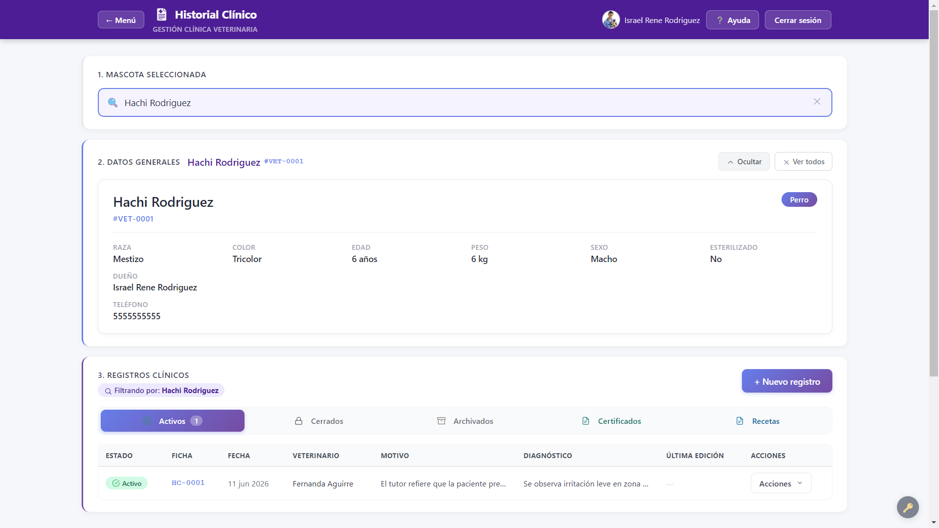 Historial clínico veterinario con registros activos en VetDoc