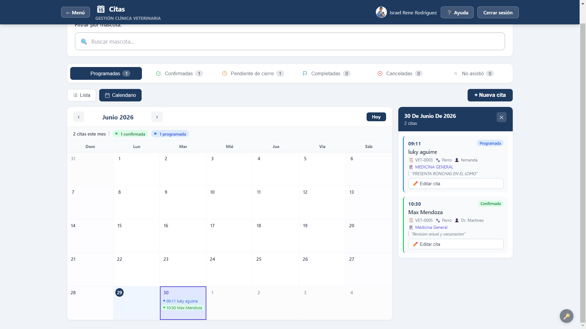 Calendario de citas veterinarias con estados en VetDoc
