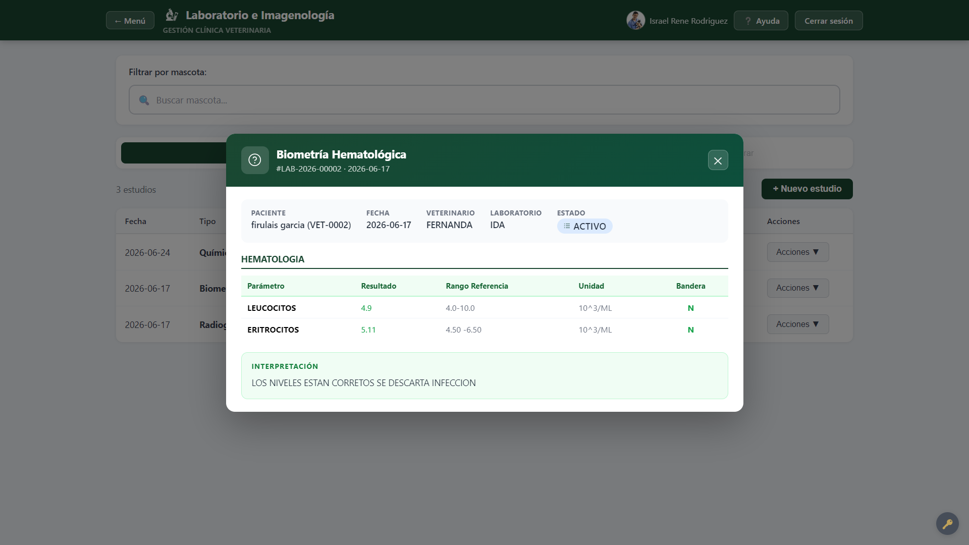 Estudio de laboratorio con resultados en VetDoc