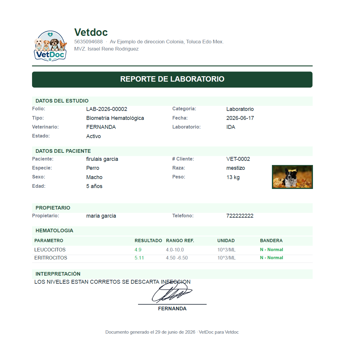 PDF de reporte de laboratorio generado por VetDoc