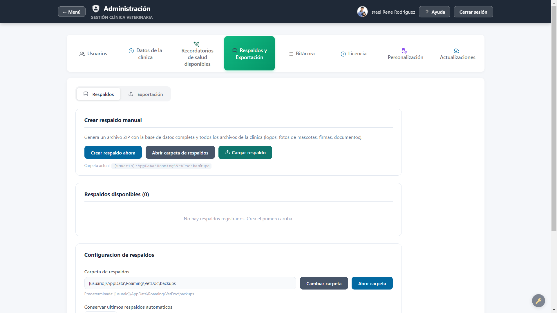 Pantalla de respaldos y exportación en VetDoc