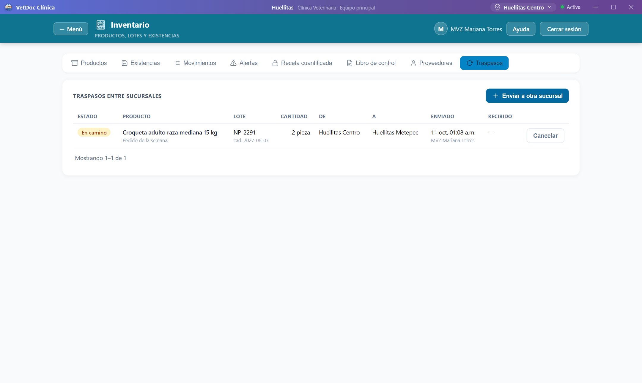 Traspasos de inventario entre sucursales en VetDoc